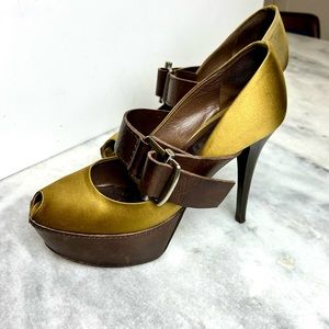Marni Platform Mary Jane Satin Mustard Peep Toe Heels